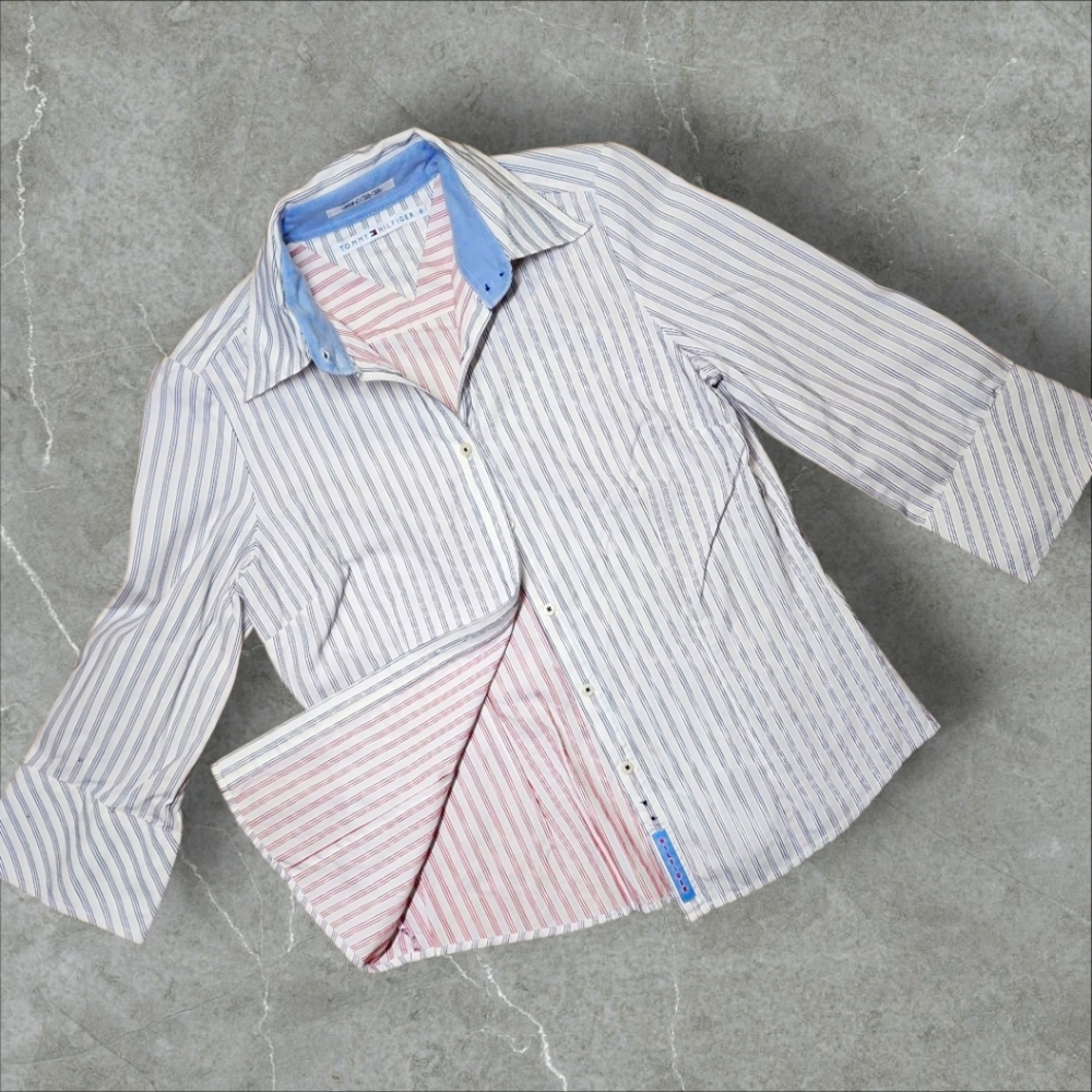 Tommy Hilfiger Women's Size 8 Fitted Button-Down Shirt – Red & Navy Stripe